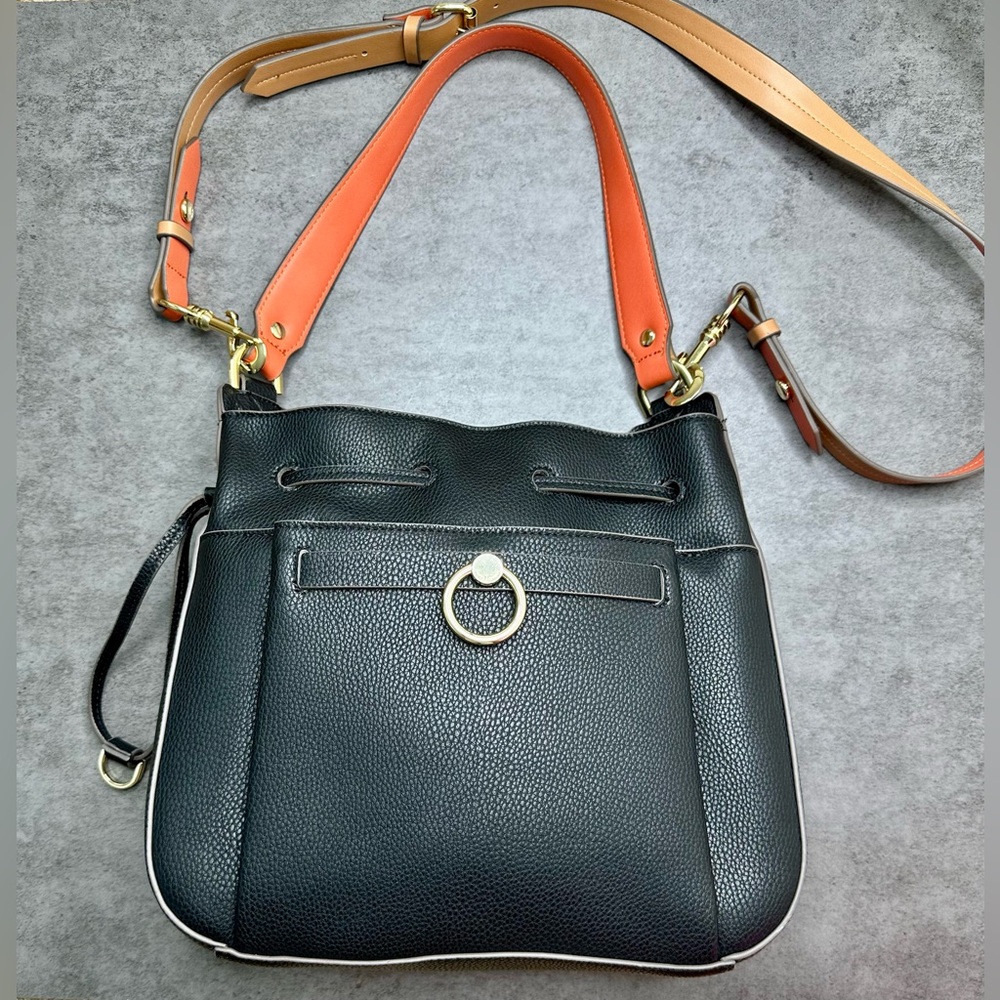 Jasper J Conran Black Pebbled Faux Leather Bucket Bag – Orange Strap – Like New